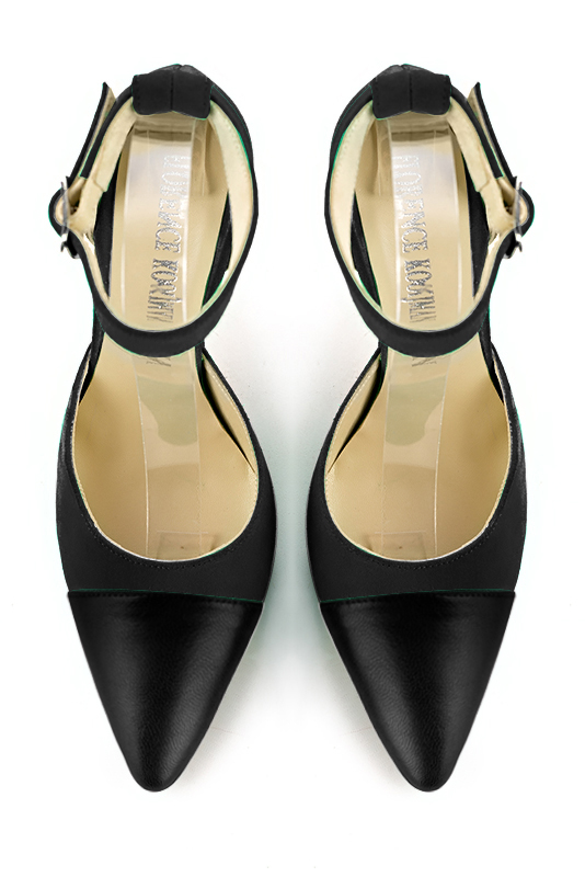Satin black women's open side shoes, with a strap around the ankle. Tapered toe. Very high spool heels. Top view - Florence KOOIJMAN